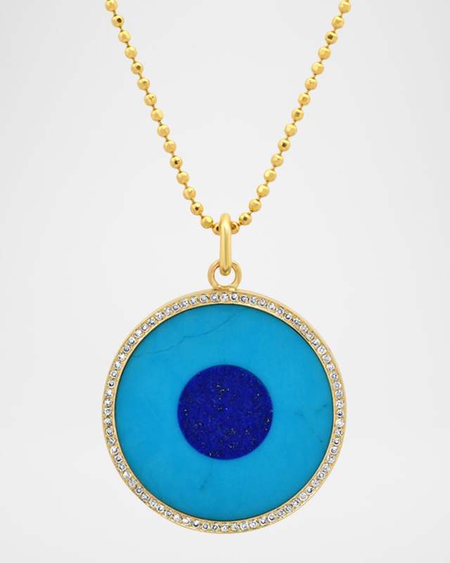 18K Yellow Gold Large Inlay Evil Eye Pendant Necklace with Turquoise, Lapis and Diamonds